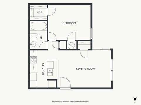Floor plan for 1 bed, 1 bath, 580 sqft